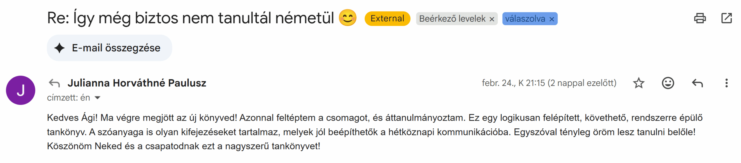 Horváthné Paulusz Julianna - visszajelzés a B1-es könyvről